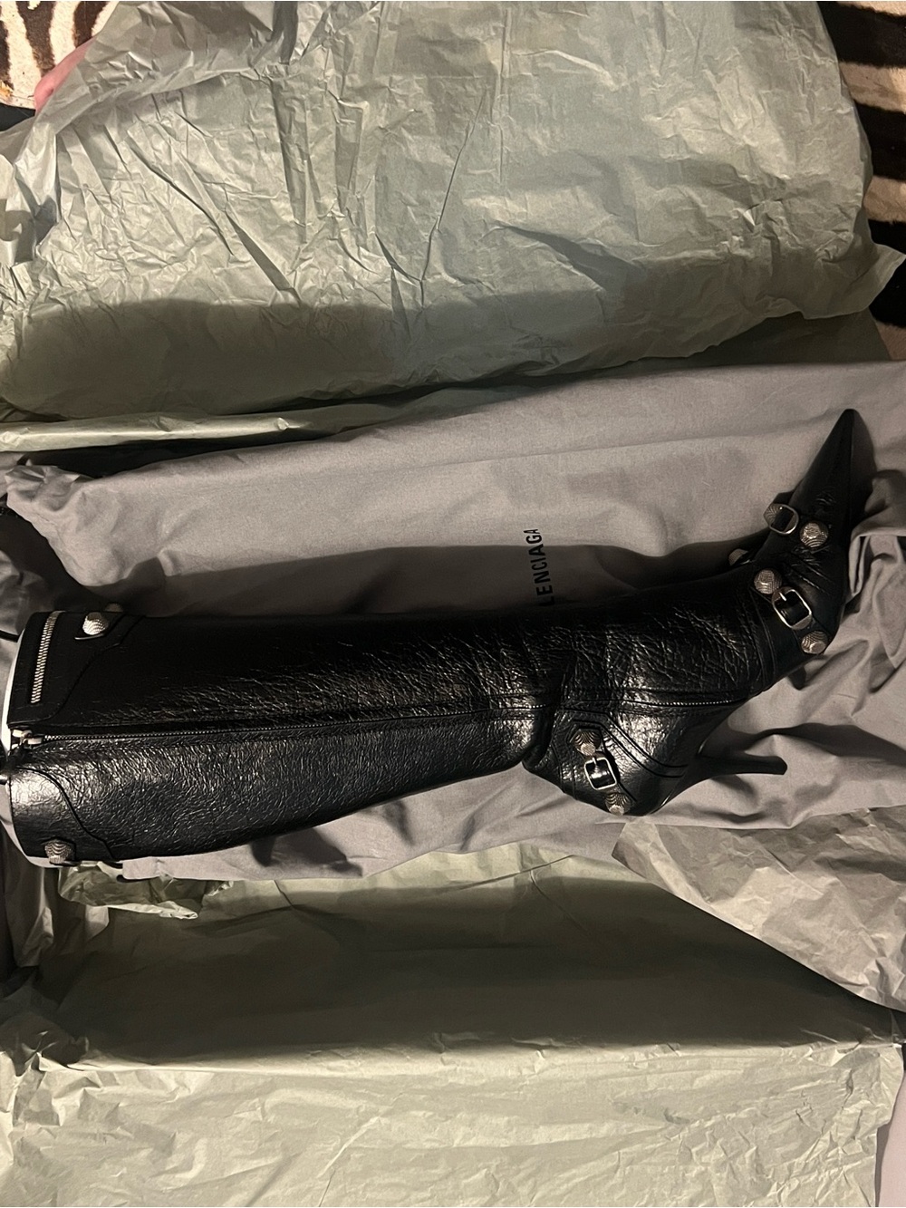 Balenciaga Black Leather Cagole Knee-High Heeled Boots with Stud Accents